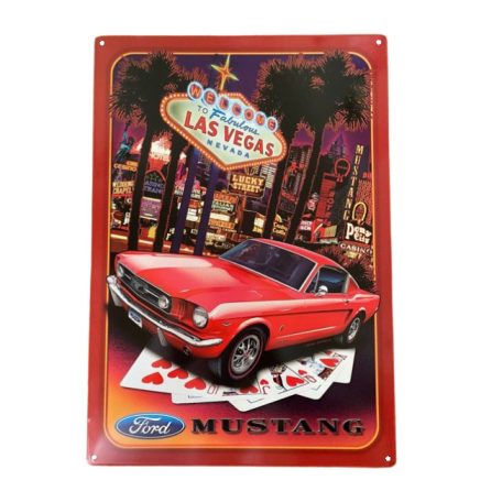 Vintage Dekor Fémtábla, dombornyomott 'Las Vegas Ford MUSTANG' felirat és egy piros Ford Mustang, retro hangulatú kialakítás, 20x30cm