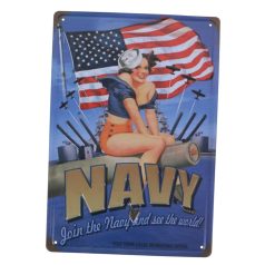   Vintage Dekor Fémtábla, dombornyomott 'Join the NAVY and see the world' felirat, retro hangulatú kialakítás, 20x30cm