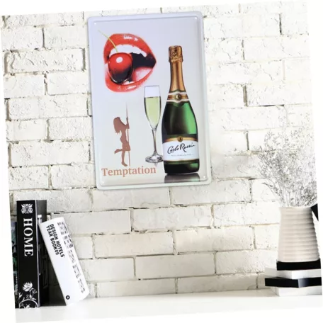 Vintage Dekor Fémtábla, dombornyomott, 'Temptation' felirat és egy üveg Carlo Rossi, retro hangulatú kialakítás, 20x30cm