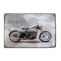   Vintage Dekor Fémtábla, dombornyomott, 'Speed-King Motor Cycles' felirat, retro hangulatú kialakítás, 30x20cm, vintage szürke háttér