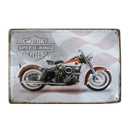 Vintage Dekor Fémtábla, dombornyomott, 'Speed-King Motor Cycles' felirat, retro hangulatú kialakítás, 30x20cm, vintage szürke háttér