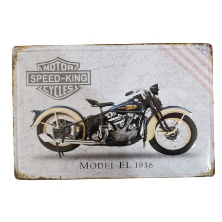 Vintage Dekor Fémtábla, dombornyomott, 'SPEED-KING MOTOR CYCLES MODEL EL 1936' felirat, retro hangulatú kialakítás, 30x20cm, vintage szürke háttér