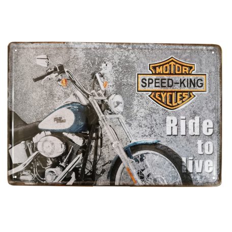 Vintage Dekor Fémtábla, dombornyomott, 'SPEED-KING MOTOR CYCLES Ride to live' felirat, retro hangulatú kialakítás, 30x20cm, vintage szürke háttér