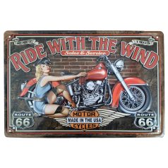   Vintage Dekor Fémtábla, dombornyomott, 'Route 66: Ride with the Wind' felirat, retro hangulatú kialakítás, 30x20cm
