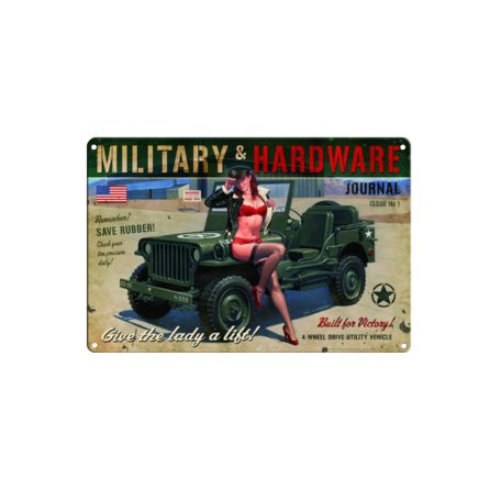Vintage Dekor Fémtábla, dombornyomott, 'Military & Hardware' felirat, retro hangulatú kialakítás, 30x20cm