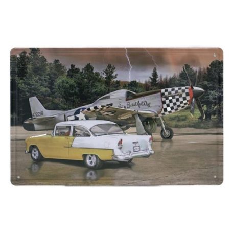 Vintage Dekor Fémtábla, dombornyomott autó és repülő ábrázolás, retro hangulatú kialakítás, 30x20cm