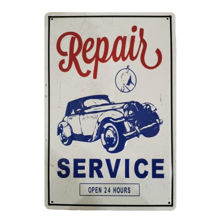 Vintage Dekor Fémtábla, dombornyomott, 'Repair SERVICE' felirat, retro hangulatú kialakítás, 20x30cm