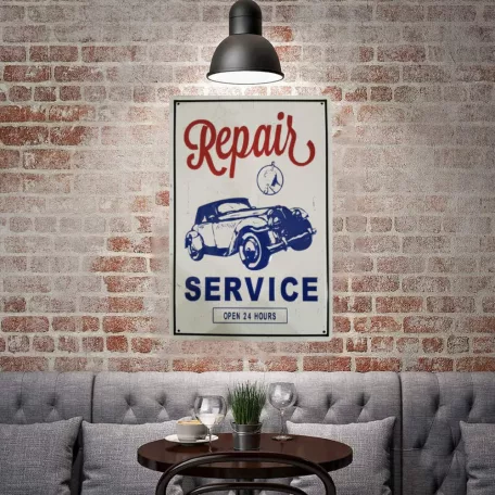 Vintage Dekor Fémtábla, dombornyomott, 'Repair SERVICE' felirat, retro hangulatú kialakítás, 20x30cm