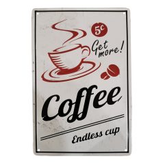   Vintage Dekor Fémtábla, dombornyomott 'COFFEE Endless cup' felirat, retro hangulatú kialakítás, 20x30cm, vintage fekete háttér