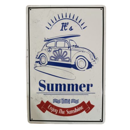 Vintage Dekor Fémtábla, dombornyomott, 'It's Summer time Enjoy the Sunshine' felirat, retro hangulatú kialakítás, 20x30cm