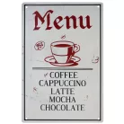 Vintage Dekor Fémtábla, dombornyomott 'MENU COFFEE CAPPUCCINO' felirat, retro hangulatú kialakítás, 20x30cm, vintage fekete háttér