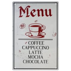   Vintage Dekor Fémtábla, dombornyomott 'MENU COFFEE CAPPUCCINO' felirat, retro hangulatú kialakítás, 20x30cm, vintage fekete háttér