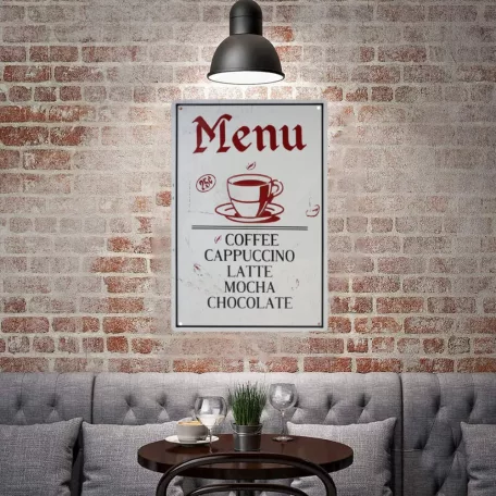 Vintage Dekor Fémtábla, dombornyomott 'MENU COFFEE CAPPUCCINO' felirat, retro hangulatú kialakítás, 20x30cm, vintage fekete háttér