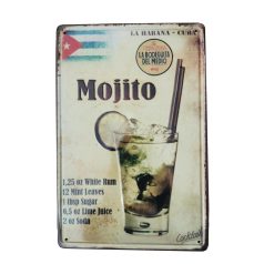   Vintage Dekor Fémtábla, dombornyomott 'Mojito' felirat, retro hangulatú kialakítás, 20x30cm