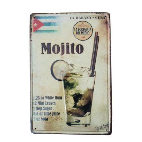 Vintage Dekor Fémtábla, dombornyomott 'Mojito' felirat, retro hangulatú kialakítás, 20x30cm