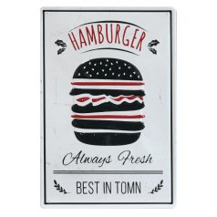   Vintage Dekor Fémtábla, dombornyomott, 'HAMBURGER BEST IN TOWN' felirat, retro hangulatú kialakítás, 20x30cm