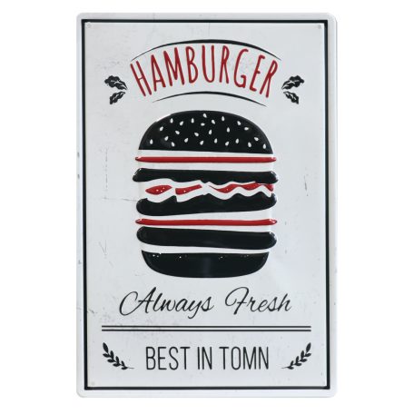 Vintage Dekor Fémtábla, dombornyomott, 'HAMBURGER BEST IN TOWN' felirat, retro hangulatú kialakítás, 20x30cm