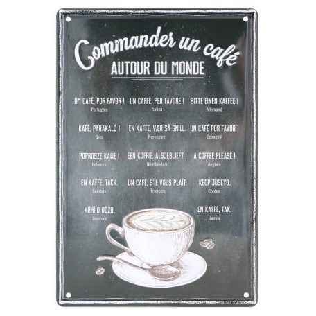 Vintage Dekor Fémtábla, dombornyomott 'Commander un café' felirat, retro hangulatú kialakítás, 20x30cm, vintage fekete háttér