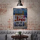 Vintage Dekor Fémtábla, dombornyomott, 'ALL YOU need is love AND THE beach' felirat, retro hangulatú kialakítás, 20x30cm