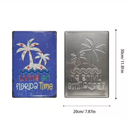 Vintage Dekor Fémtábla, dombornyomott, 'LIVING ON FLORIDA TIME' felirat, retro hangulatú kialakítás, 20x30cm