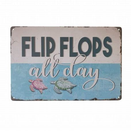 Vintage Dekor Fémtábla, dombornyomott 'FLIP FLOPS all day' felirat, retro hangulatú kialakítás, 30x20cm, tengeri teknősös háttér