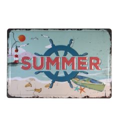   Vintage Dekor Fémtábla, dombornyomott 'SUMMER' felirat, retro hangulatú kialakítás, 30x20cm, tengerparti háttér