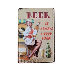   Vintage Dekor Fémtábla, dombornyomott, 'BEER is always a good idea' felirat, retro hangulatú kialakítás, 20x30cm