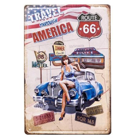 Vintage Dekor Fémtábla, dombornyomott 'Route 66 Travel Through America' felirat, retro hangulatú kialakítás, 20x30cm