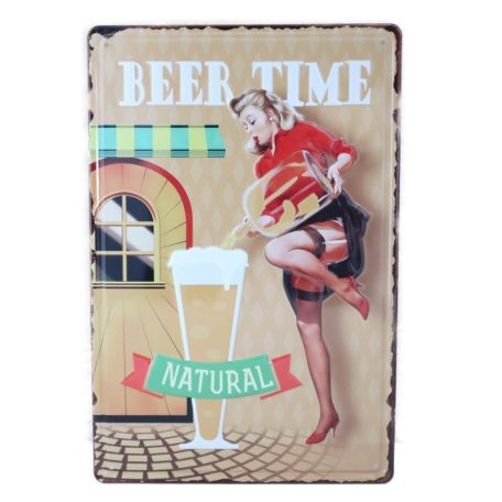 Vintage Dekor Fémtábla, dombornyomott 'BEER TIME' felirat, retro hangulatú kialakítás, 20x30cm