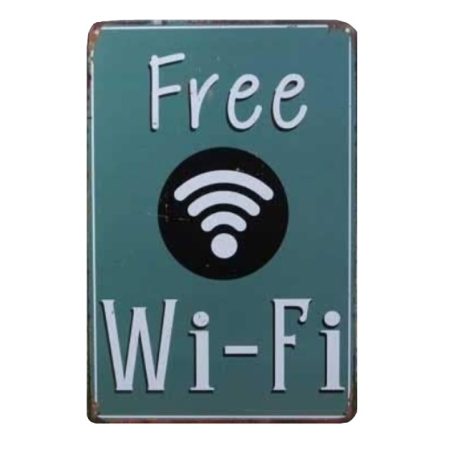 Vintage Dekor Fémtábla, dombornyomott 'Free Wi-Fi' felirat, retro hangulatú kialakítás, 20x30cm