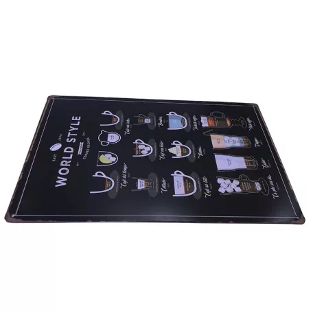 Vintage Dekor Fémtábla, dombornyomott 'WORLD STYLE Coffee Recipes' felirat, retro hangulatú kialakítás, 20x30cm, vintage fekete háttér