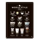 Vintage Dekor Fémtábla, dombornyomott 'WORLD STYLE Coffee Recipes' felirat, retro hangulatú kialakítás, 20x30cm, vintage fekete háttér