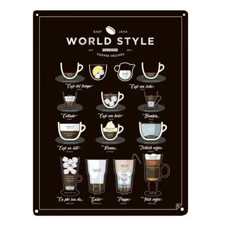 Vintage Dekor Fémtábla, dombornyomott 'WORLD STYLE Coffee Recipes' felirat, retro hangulatú kialakítás, 20x30cm, vintage fekete háttér