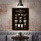 Vintage Dekor Fémtábla, dombornyomott 'WORLD STYLE Coffee Recipes' felirat, retro hangulatú kialakítás, 20x30cm, vintage fekete háttér