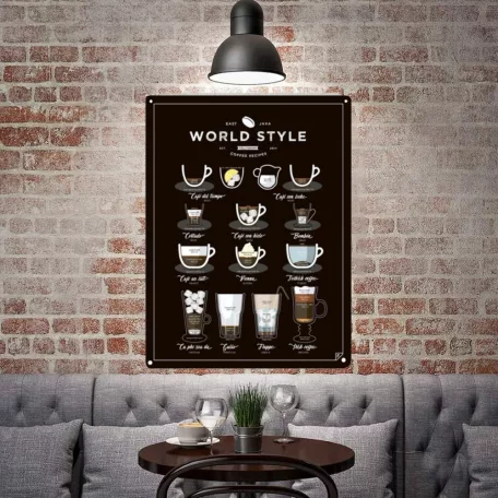 Vintage Dekor Fémtábla, dombornyomott 'WORLD STYLE Coffee Recipes' felirat, retro hangulatú kialakítás, 20x30cm, vintage fekete háttér