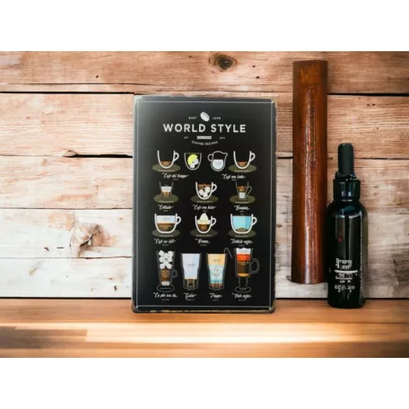 Vintage Dekor Fémtábla, dombornyomott 'WORLD STYLE Coffee Recipes' felirat, retro hangulatú kialakítás, 20x30cm, vintage fekete háttér