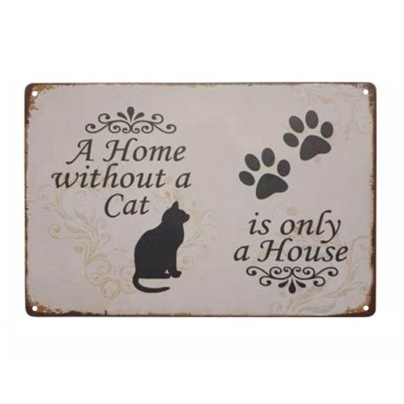 Vintage Dekor Fémtábla, dombornyomott 'Home without a cat is just a house' felirat, retro hangulatú kialakítás, 30x20cm