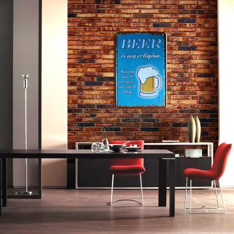 Vintage Dekor Fémtábla, dombornyomott 'BEER' felirat, retro hangulatú kialakítás, 20x30cm, vintage kék háttér