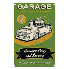   Vintage Dekor Fémtábla, dombornyomott 'Garage, Full Service Open 24 Hours' felirat, retro hangulatú kialakítás, 20x30cm, vintage zöld háttér