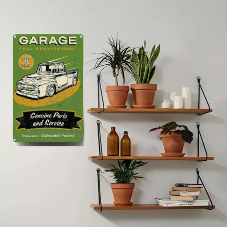 Vintage Dekor Fémtábla, dombornyomott 'Garage, Full Service Open 24 Hours' felirat, retro hangulatú kialakítás, 20x30cm, vintage zöld háttér