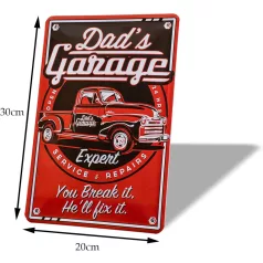   Vintage Dekor Fémtábla, dombornyomott 'Dad's Garage' felirat, retro hangulatú kialakítás, 20x30cm