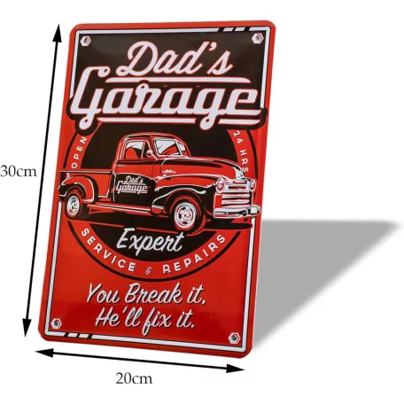 Vintage Dekor Fémtábla, dombornyomott 'Dad's Garage' felirat, retro hangulatú kialakítás, 20x30cm