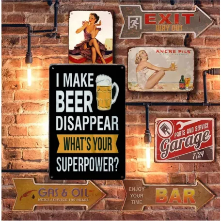 Vintage Dekor Fémtábla, dombornyomott 'I make beer disappear. What's your superpower?' felirat, retro hangulatú kialakítás, 20x30cm