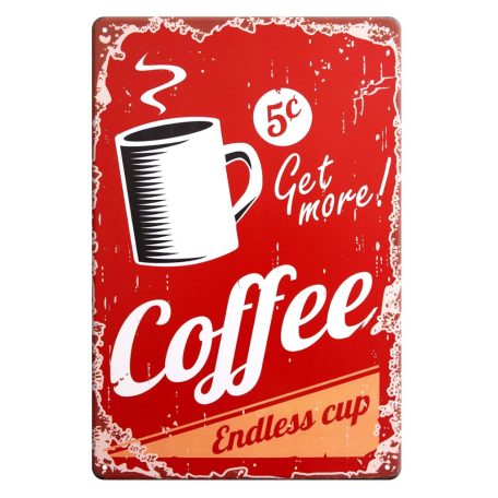 Vintage Dekor Fémtábla, dombornyomott 'Get more! Coffee, Endless cup' felirat, retro hangulatú kialakítás, 20x30cm, vintage piros háttér