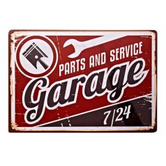  Vintage Dekor Fémtábla, dombornyomott 'Parts and service Garage 7/24' felirat, retro hangulatú kialakítás, 30x20cm