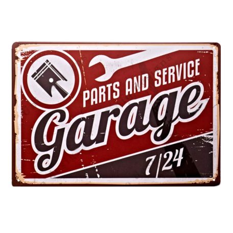 Vintage Dekor Fémtábla, dombornyomott 'Parts and service Garage 7/24' felirat, retro hangulatú kialakítás, 30x20cm