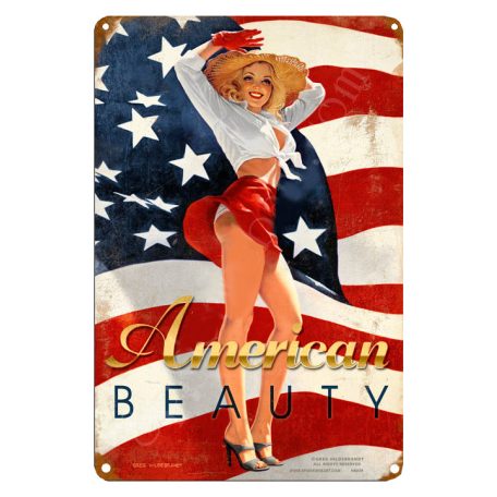 Vintage Dekor Fémtábla, dombornyomott 'American Beauty' felirat, retro hangulatú kialakítás, 20x30cm