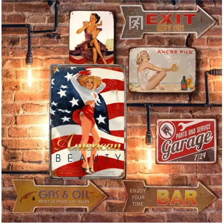 Vintage Dekor Fémtábla, dombornyomott 'American Beauty' felirat, retro hangulatú kialakítás, 20x30cm