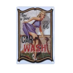   Vintage Dekor Fémtábla, dombornyomott 'CAR WASH Time to Shine! Route 66' felirat, retro hangulatú kialakítás, 20x30cm