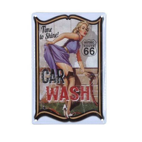 Vintage Dekor Fémtábla, dombornyomott 'CAR WASH Time to Shine! Route 66' felirat, retro hangulatú kialakítás, 20x30cm